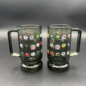 Vtg 70s NFL Smoked Glass Team Helmets Beer Mugs Set Of 2